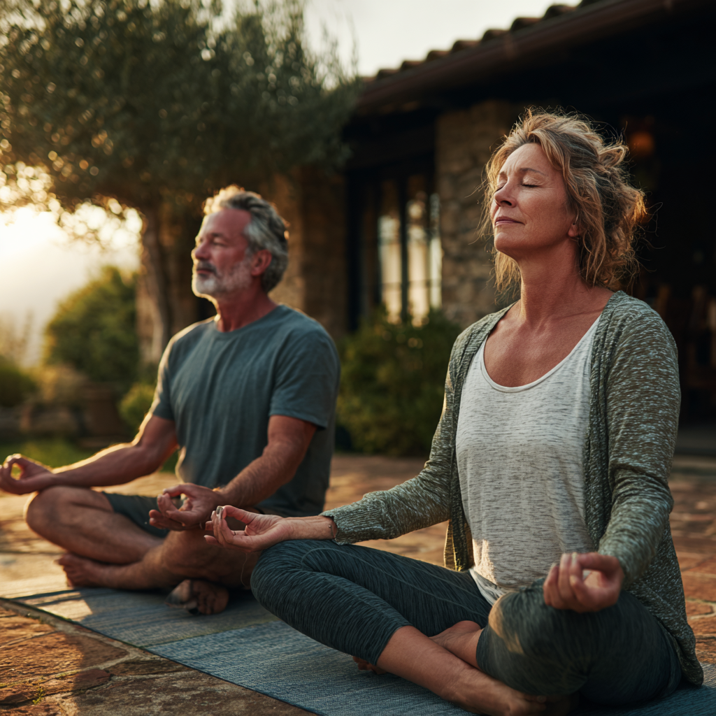Middle-aged adults enjoying peaceful lifestyle with natural health practices