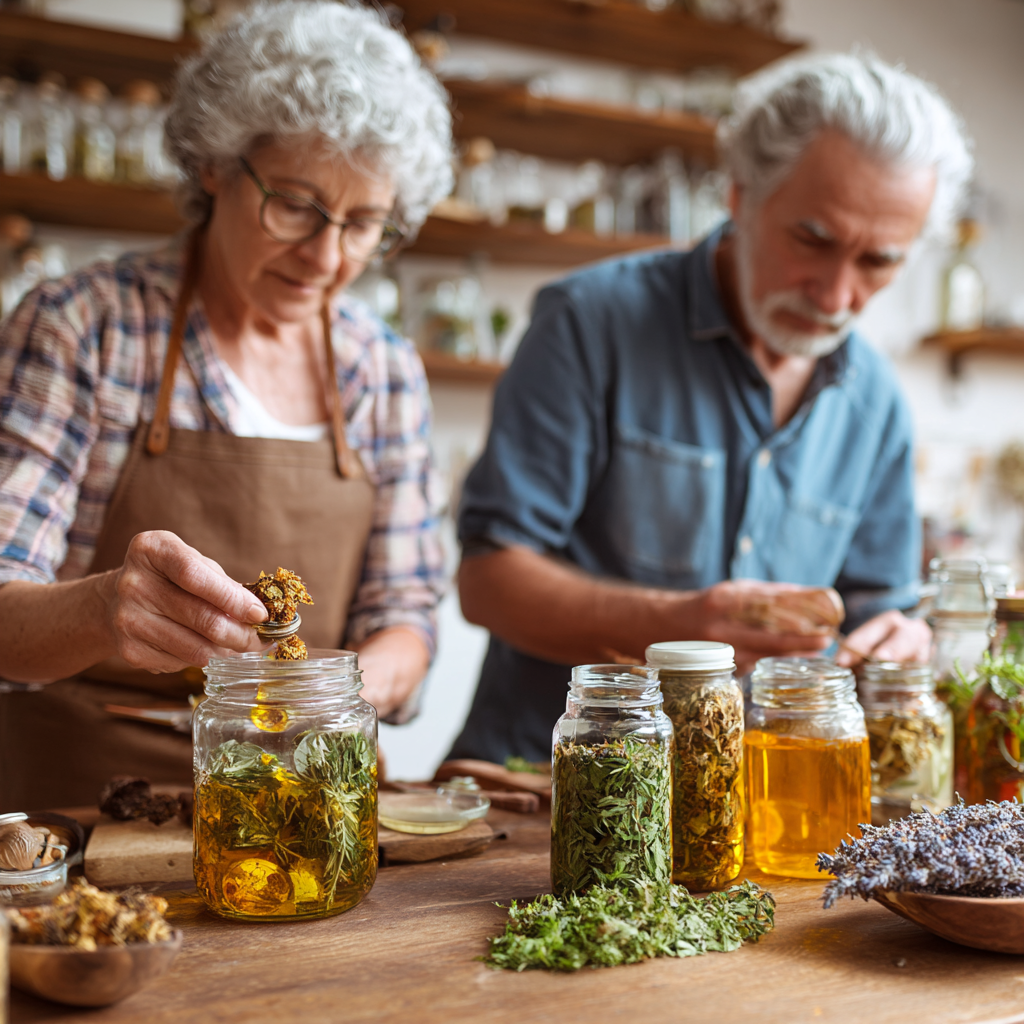 Older adults preparing herbal teas and natural remedies for wellness